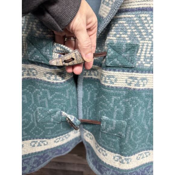 VTG Eddie Bauer Wool Barn Jacket Blanket Coat Womens Blue Navajo Tribal Aztec PS - Picture 3 of 6